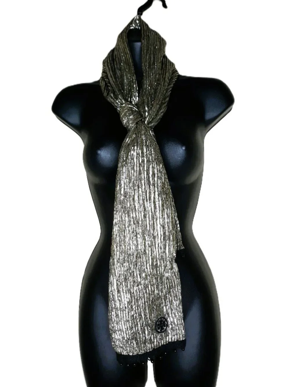 Tory Burch Silver Gold Lame Beaded Scarf Party Event Lightweight